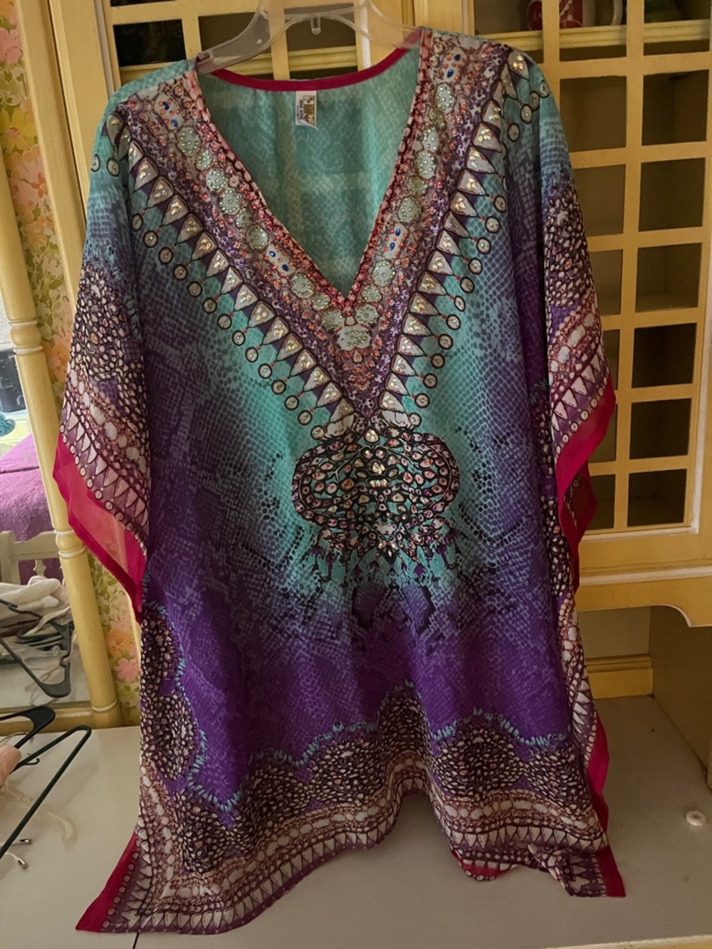 India Boutique Teal, Purple and Pink Embellished V-Neck Tunic